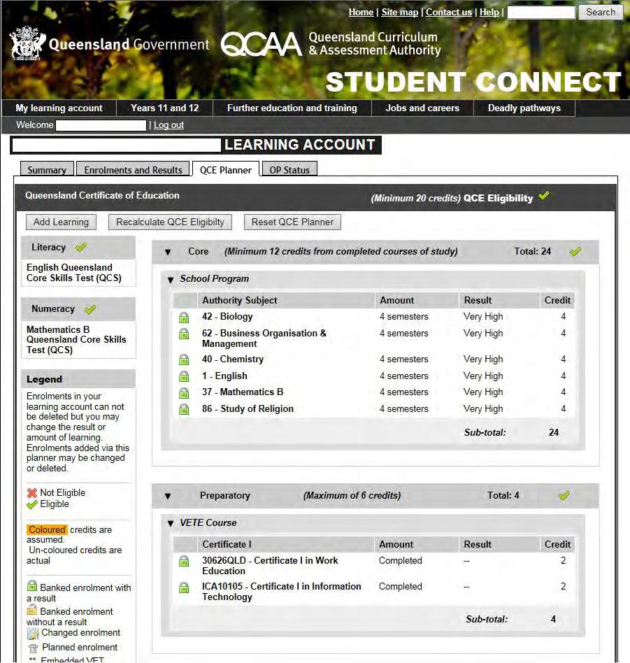 QCE Planner page Shows your current enrolments.
