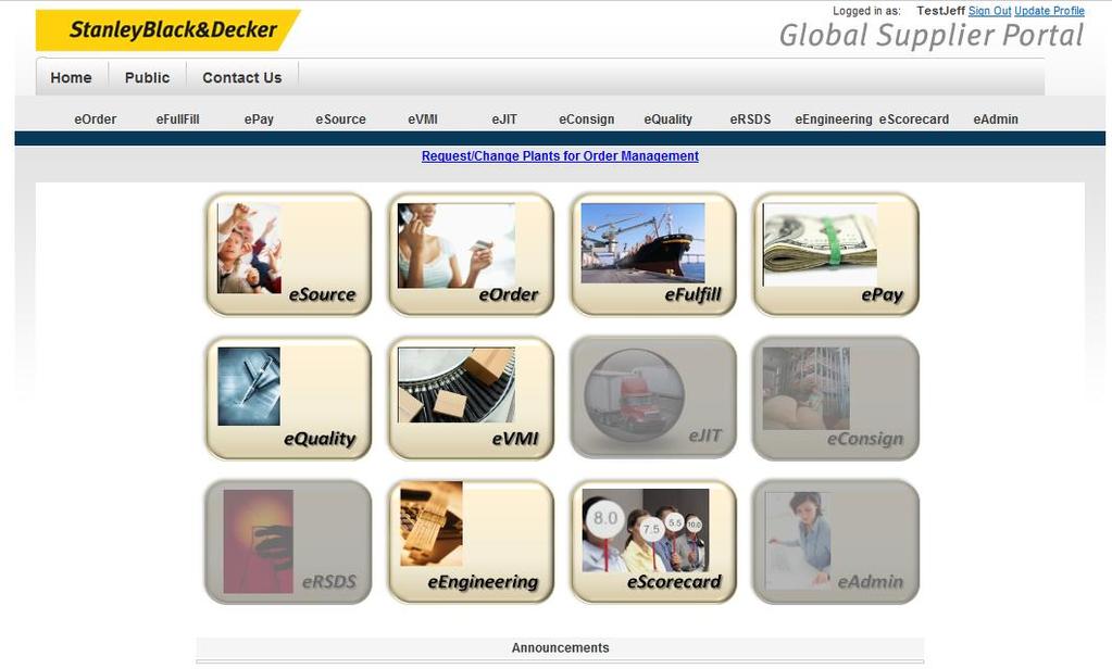 (D). To access Global Supplier Portal functions use buttons in the center of the page (A).