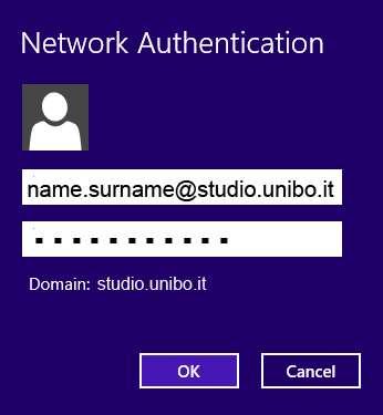 Automatic connection Windows 8.1 Select the Network icon ( in Windows 8, in Windows 8.1). For ALMAWIFI check Connect automatically and select Connect. Enter your ALMAWIFI / @studio.unibo.it or @unibo.