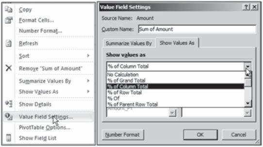 PivotTables Reports and PivotChart Reports Fig. 6.6.2: Value Field Settings in PivotTables 3. There are numerous other options to choose from as discussed above.
