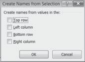 The Create Names from Selection dialog box appears. Fig. 2.2.3: Creating names from a row or column 3.