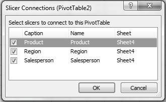 8 Slicer Connections Dialog box See below in screen shot, both PivotTables are now connected to
