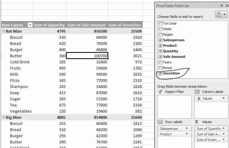 5.5 Add a Complex Calculated Field In this example, the PivotTable shows the total sales for each salesperson per product, and the Quantity field summarizes the number of Qty sold.