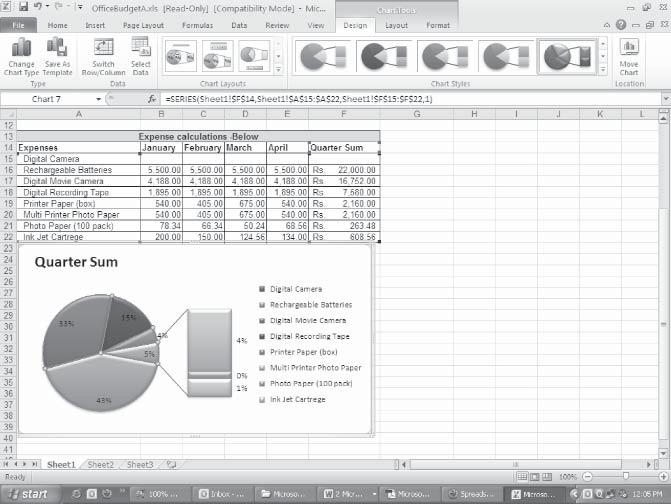 Office automation-ms-excel 2010 Fig. 3.8.22: Bar of Pie Chart 3.8.17 XY (Scatter) Chart A scatter chart plots the values for two variables as a set of points on a graph.