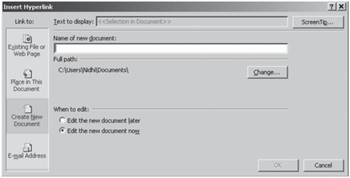 Office automation-ms-excel 2010 Fig. 3.11.2: Creating a hyperlink to a new document 4. In the Name of new document box, type a name for the new file.
