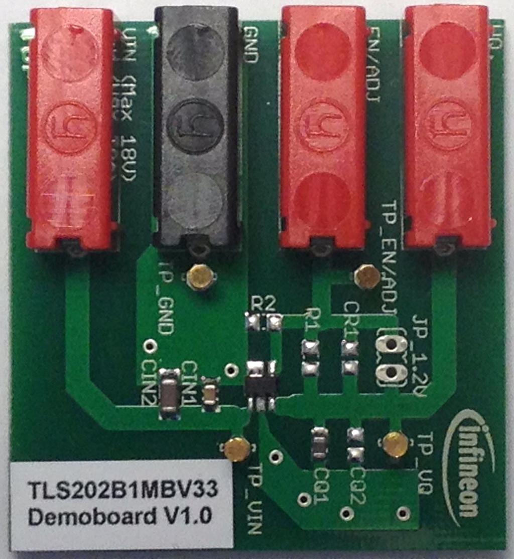Demonstration Board 2 Demonstration Board The TLS202B1 Demonstration Board is equiped by default with TLS202B1 and all necessary components. Figure 2 TLS202B1 Demonstration Board 2.