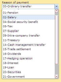 1) Select the Reason of payment of the transaction to specify what type of transfer you have encoded. Depending on the type of transfer you select here, specific treatment may be performed by ING.