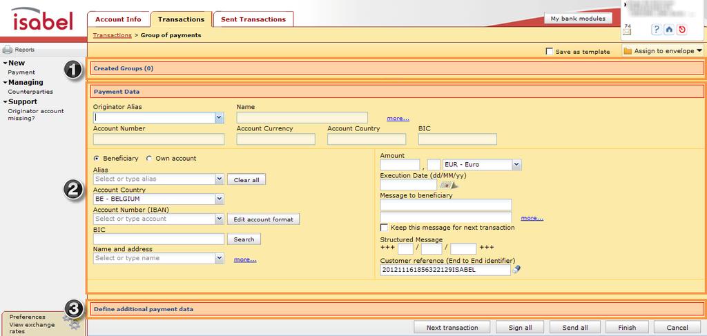use the Group of payments Wizard in Isabel 6. You can access the wizard in the Transactions area by clicking the link in the menu on the left-hand side.