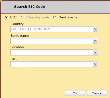 3) Fill in the BIC of the beneficiary account. If you do not know the BIC of the beneficiary account you can search for it using the button.