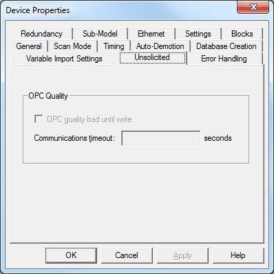 15 Descriptions of the parameters are as follows: OPC Quality Bad Until Write: This option controls the initial OPC quality of tags attached to this driver.
