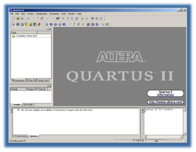 3.1. Development Toolset EPXA1 Development kit 39 Figure 3.4: Blank main window of Quartus II software. LCD Ethernet LEDs ARM AHB PLD Switch etc. Serial Port Figure 3.5: Implementation architecture.