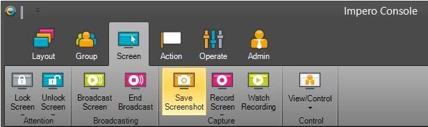 1.9 Take a Screenshot of the Entire Group 1. Select the desired users by ticking them in the Console. 2. Click on the 'Screen' toolbar and then 'Save Screenshot' (Image 9). Image 9 - Screen Toolbar 3.