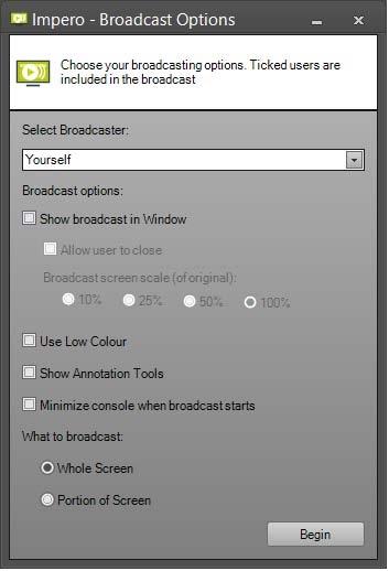 Image 7 - Screen Toolbar 3. The Impero - Broadcast Options dialogue window opens (Image 7.1). 4. Click on 'Select Broadcaster' and change it from yourself to the user you wish to lead the session. 5.