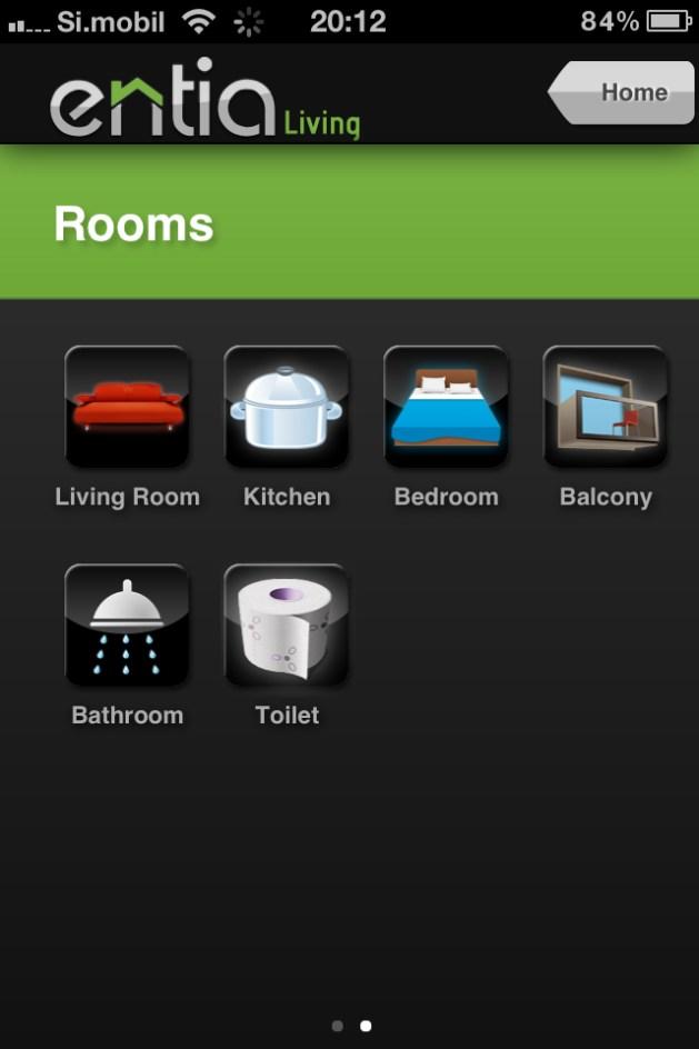 Control in individual rooms of the living environment You can navigate to the Rooms screen by pressing the Rooms button in the top left corner of the home screen of the EntiaLiving webpage.