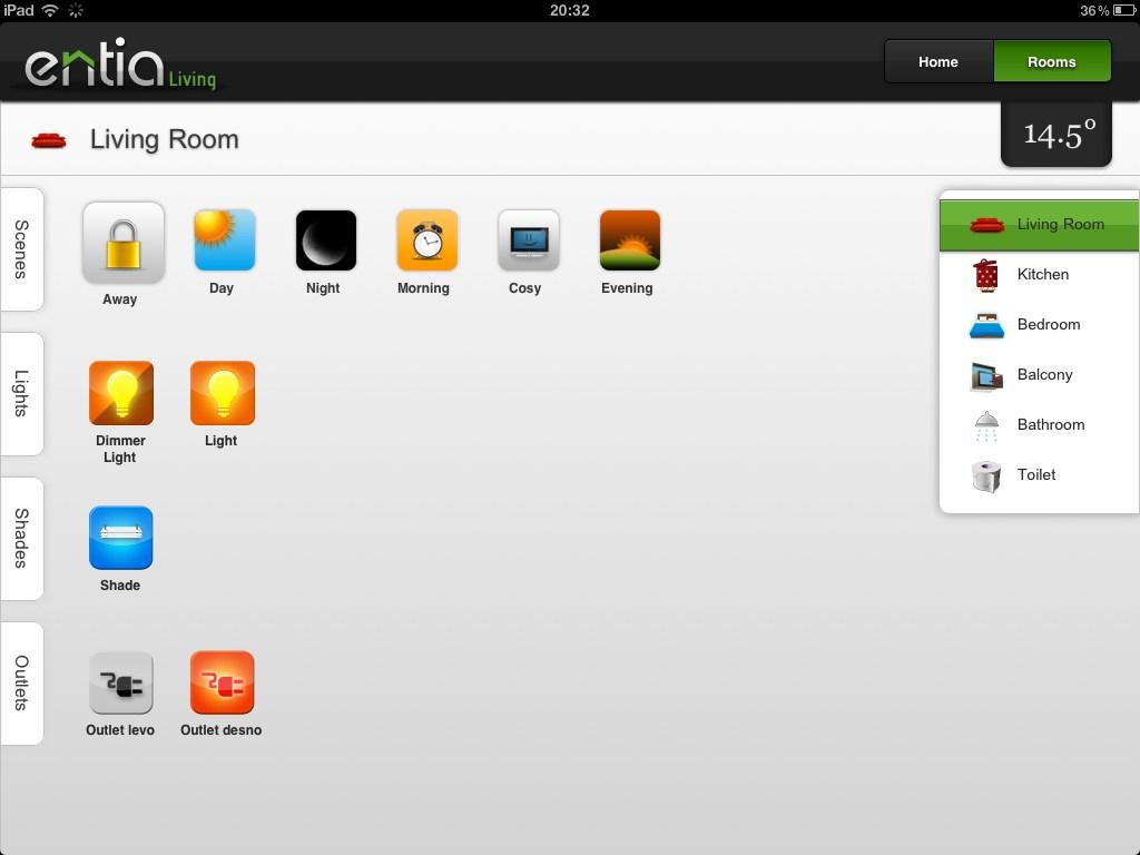 Control in individual rooms of the living environment To navigate to the rooms screen the rooms button in the navigation pane has to be pressed.