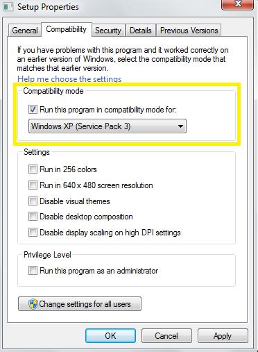 Compatibility mode on setup properties Click on the Compatibility tab and set the compatibility
