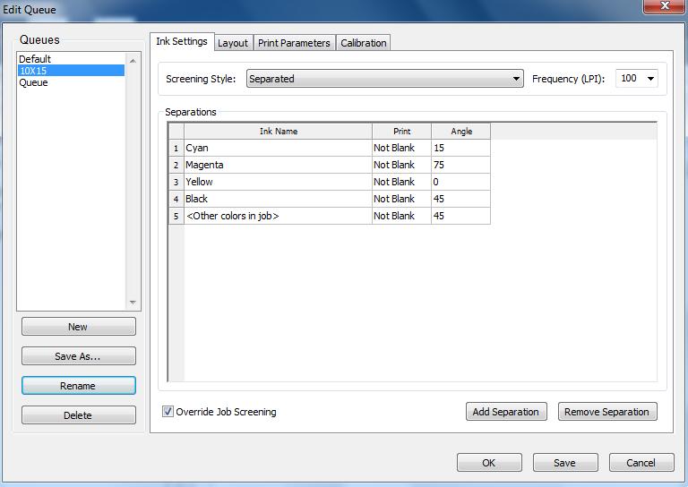 The picture demonstrates settings for the Separated option. Separated option settings If you are printing jobs pre-separated in your application then use either Grayscale or Grayscale (KimoDither).