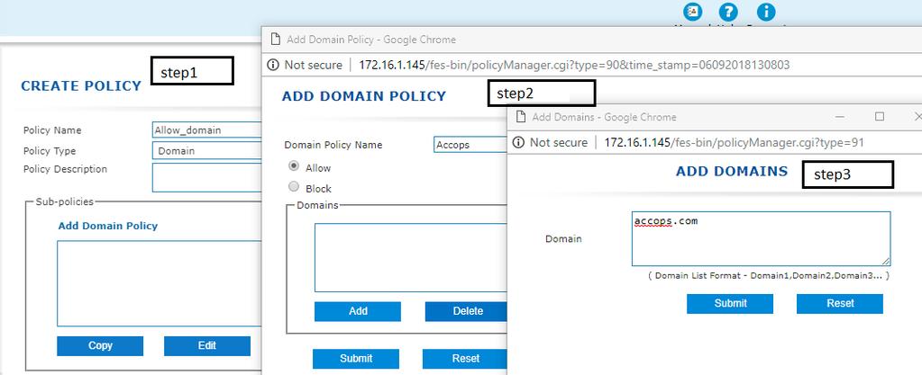 Click on Add Domain to configure a policy to Allow or Block access. Next, select Allow/Block and specify the domain name(s) on which the policy should be applied.
