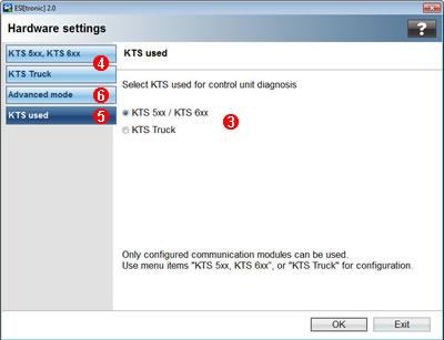 Activate/Configure KTS used Main menu >> Hardware settings. Select KTS 5xx, KTS 6xx or KTS Truck. Only configured KTS 5xx, KTS 6xx or KTS Truck can be activated.