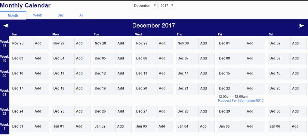From this screen, users will be able to add holidays to their project calendar, see other team members schedules, hide or view their own calendar or closed action items, and see the entire project