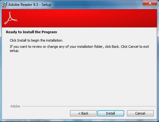 5. Click Install to begin installation of Adobe Reader 9.