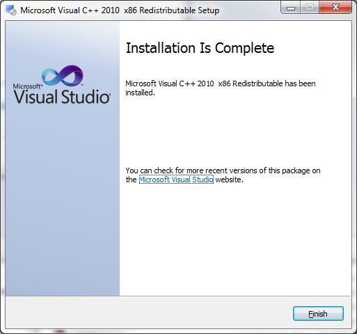 9. Microsoft Visual C++ installation is complete. Click Finish.