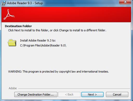 4. Click Next to install Adobe Reader to the designated