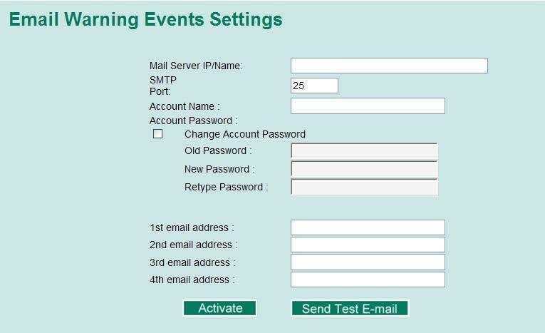 Featured Functions VIPA Networking Solutions Using Auto Warning > Configuring Email Warning Configuring Email Settings Mail Server IP/Name Setting Factory Default IP address The IP Address of your