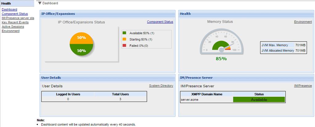 2.1 Health This section allows you to view the status of the various components of the server. 2.1.1 Dashboard The Dashboard menu provides a summary of the server status.