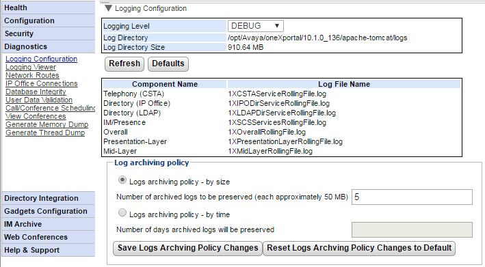 Admin Menus: Security 2.4 Diagnostics This section allow you to run various diagnostic checks. 2.4.1 Logging Configuration one-x Portal for IP Office supports a wide range of log output methods which selection of the level of logging required.