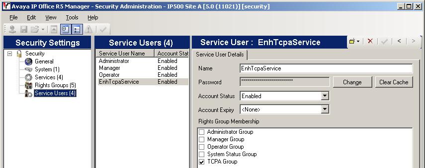 Installation: Check the IP Office Security Settings 8. Select Service Users. 9. The list of Service Users should include a user called EnhTcpaService.