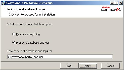 Uninstalling one-x Portal This method of removal allows selection of whether backups of