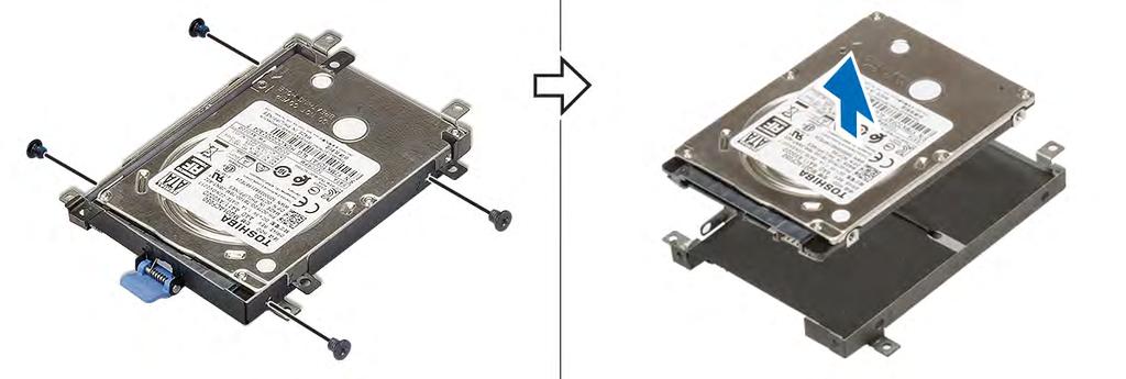 c d e Remove the hard drive assembly from the system. Remove the 4 (M3.0x3.0) screws that secure the hard drive assembly to the hard drive bracket. Remove the hard drive from the hard drive bracket.