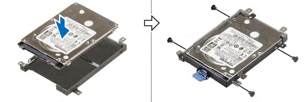 b Insert the hard drive assembly into its slot in the system [1]. c Replace the 4 (M2.5x3.0) screws to secure the hard drive assembly to the system [2].
