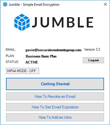Upon successful login you will see a dialog similar to the one below, showing your email address, account status and Jumble plan name. This dialog window can now be closed.