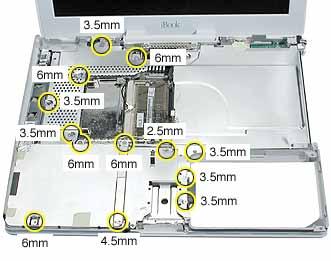I/O Bezel Replacement ibook (Opaque 16 VRAM and 32 VRAM) Screw Locator - 3 of 6 One #0 Phillips, 6 mm long 6 mm 3.5 mm One #0 Phillips, 3.
