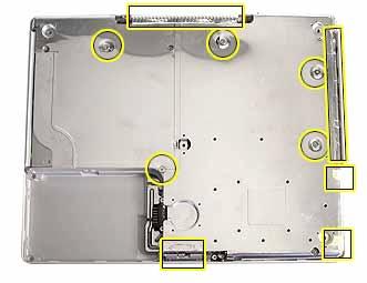 Procedure 1. With the computer on a soft cloth, remove the five identical Phillips screws from the bottom case. 2. Peel up, but do not remove, the pieces of yellow tape.