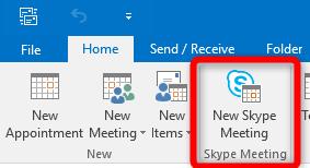 CREATE A SKYPE FOR BUSINESS MEETING Outlook 2013/2016 for PC 1. With already open on your PC, navigate to the Calendar tab in Outlook. 2. Select the Home tab and click New Skype Meeting. 3.
