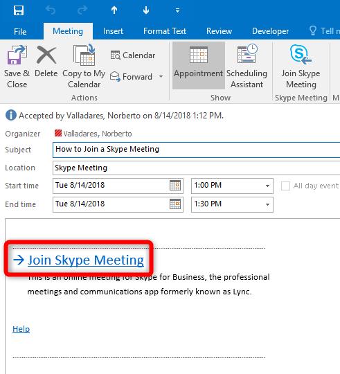 JOIN A SKYPE FOR BUSINESS MEETING Outlook 2013/2016 for PC 1. Select the meeting within your Outlook calendar 2. Open the meeting request 3.