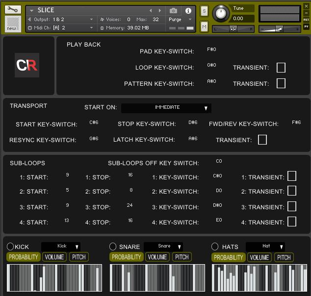 Interface Tour Settings Tab Overview Next to the MAIN tab is the SETTINGS tab, this tab is designed to configure Slice to make it playable as an instrument and to offer additional sounds within the