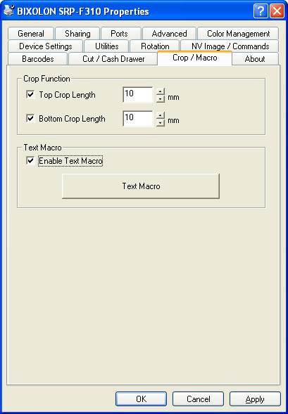 5-4 Crop and Macro This Windows driver supports Crop / Macro function. Crop function - Crop function is to crop white space of receipt and it can be set from 0-99 mm.