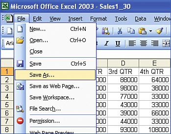 6 Saving a Workbook PART 7 With the worksheet you want to save open in the Excel window, open the File menu and select Save As to open the Save dialog box.