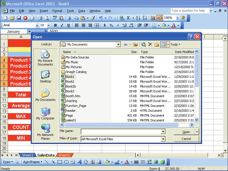 Opening Excel Workbooks Displays the current folder Goes back to the previously viewed folder Goes up one folder level Displays recently saved files Displays files on the desktop Displays files in