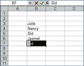 In cell B8, type the first letter of another name for example, J. No name automatically fills the cell because the inferred name could be either Julie or Jasmel.