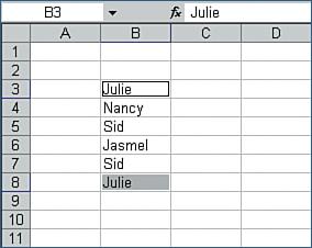 The active cell is B, but cell B8 now has a light blue background, indicating that both cells are selected. Excel displays numerous rows and columns that make up thousands of cells.