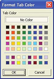 Right-click the tab of the worksheet you want to colorize and select Tab Color from the shortcut menu. The Format Tab Color dialog box opens; click the desired color and click OK.