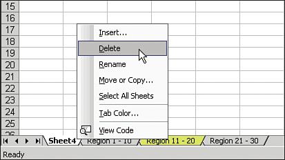 To delete a worksheet, right-click the worksheet tab and select Delete from the shortcut menu. The worksheet is removed from the workbook.