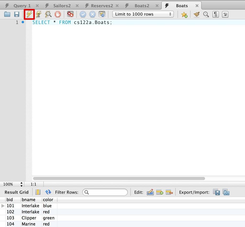 Step4- SQL queries 1. In order to form queries, type in the query in the Query tab and click on the thunder shaped icon.