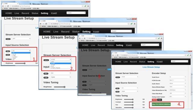5. Stream Server General setting (Pic 11.) 1. Select source first. (HDMI, DVI, DVI_A, CVBS, S-Video, YPbPr, SDI) 2. Then select server and apply setting.