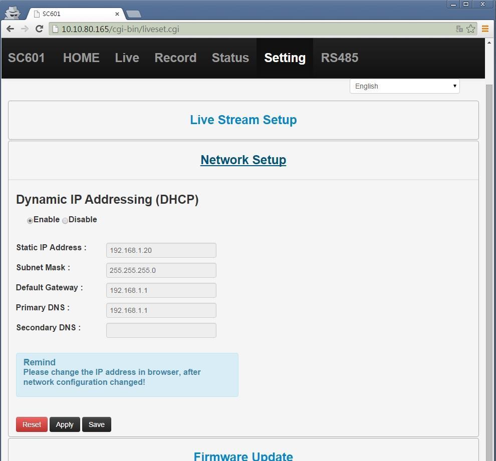 4. Network Setup (Pic 8.) Login Web Server and select Setting Network Setup, as above. There are two IP Address modes, Dynamic (DHCP) and Static (fixed).